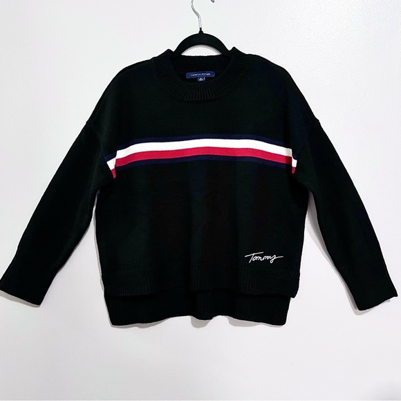 Tommy Hilfiger Noir Knitted High-Low Sweater with Triple Color-block Stripes - Picture 1 of 15